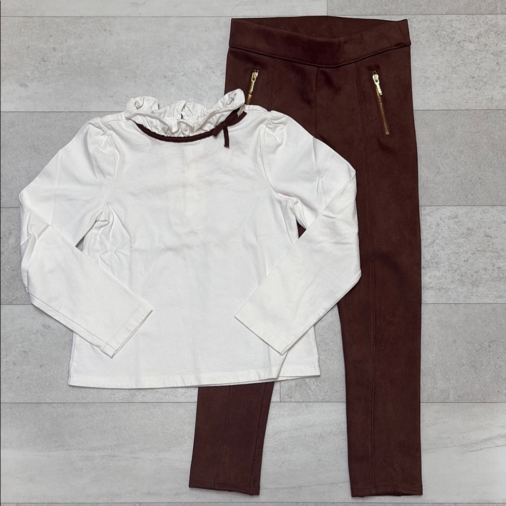 Janie & Jack White Ruffle Top and Brown Pants Set